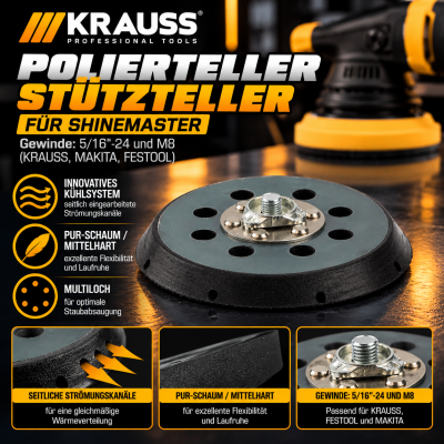 125 mm Polierteller Stützteller für SHINEMASTER, Gewinde: 5/16"-24 und M8 (KRAUSS, MAKITA, FESTOOL)
