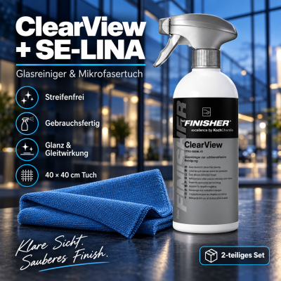 THE FINISHER ClearView 500ML | Glasreiniger inkl. Kingsize SE-LINA Microfiber Cloth Blue 40 x 40 cm