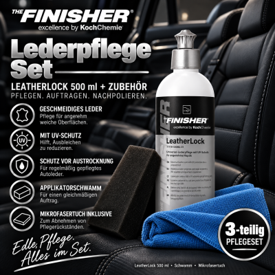 Leder Pflegeset THE FINISHER LeatherLock 500ML + Applikator Schwamm + Mikrofasertuch