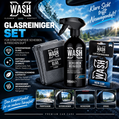 Glasreiniger-Set WASHX Scheibenreiniger + Glastuch 2 Stück + Lufterfrischer