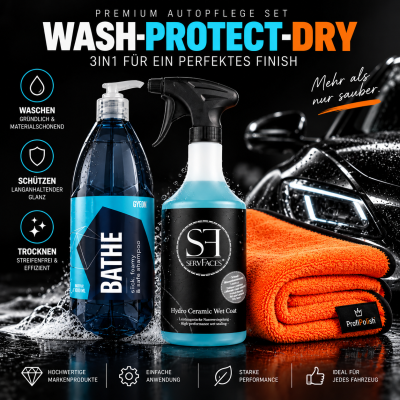 Wash-Protect-Dry 3in1 Autopflege Set | Shampoo + Sprühversiegelung + Trockentuch