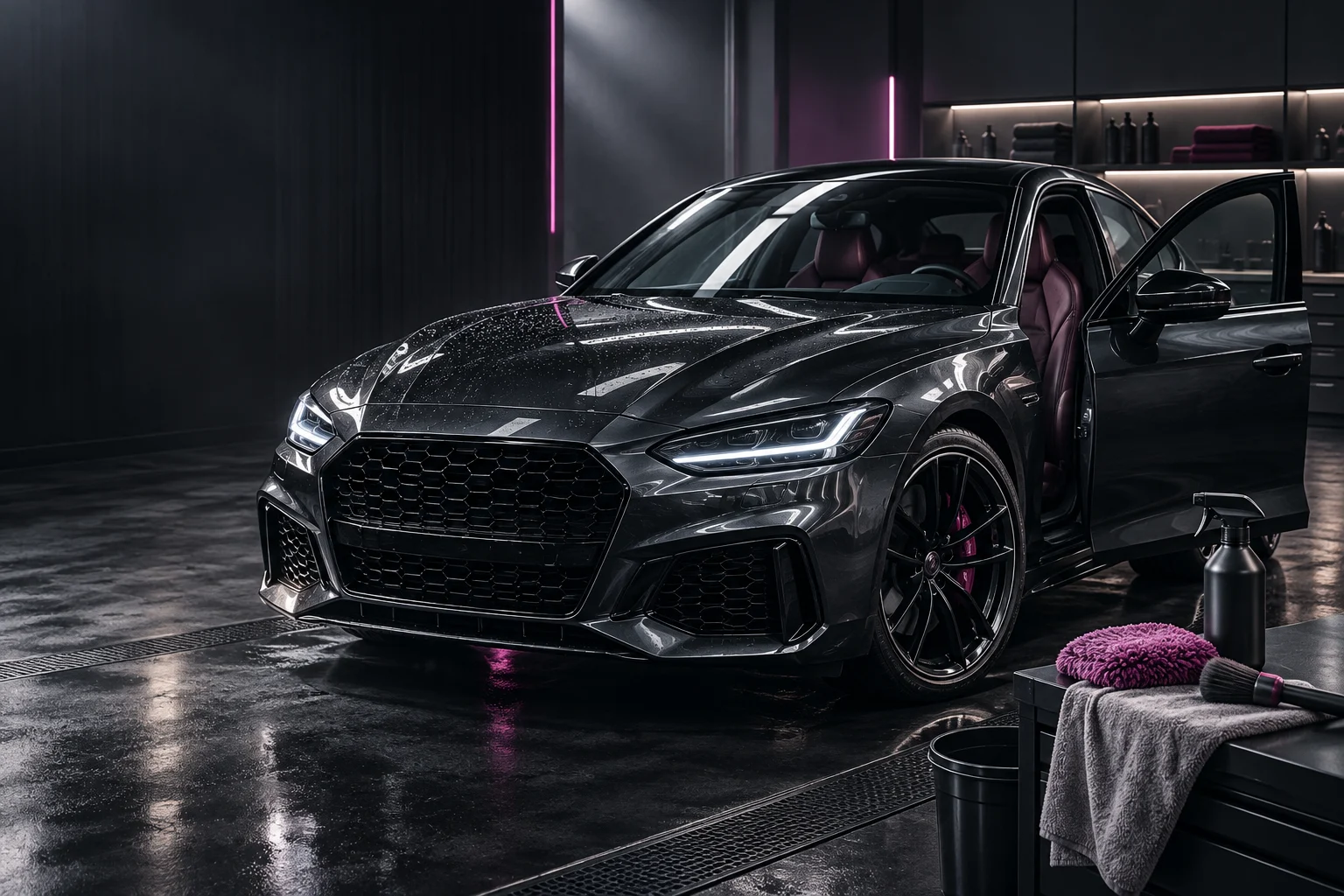 Frisch gereinigtes dunkles Auto im Detailing-Studio mit Reinigungstüchern, Bürste und Sprühflasche für die Kategorie Autoreinigung.