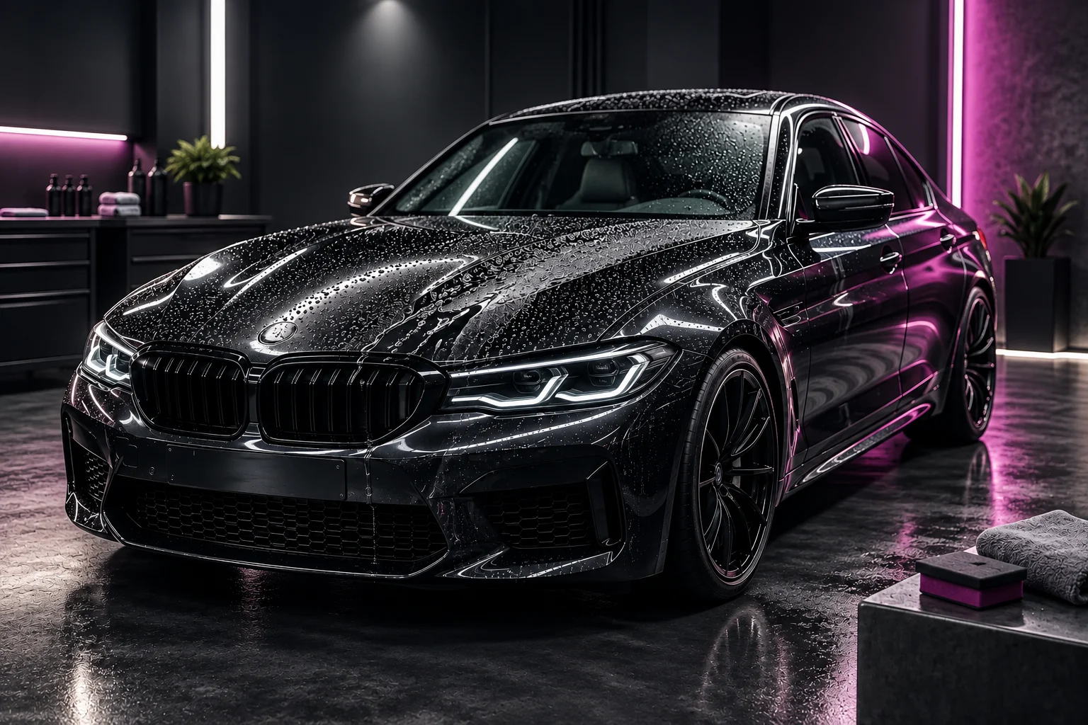 Dunkle Limousine mit Wasserperlen und reflektierendem Lack in einem Detailing-Studio für die Kategorie Autoversiegelung.