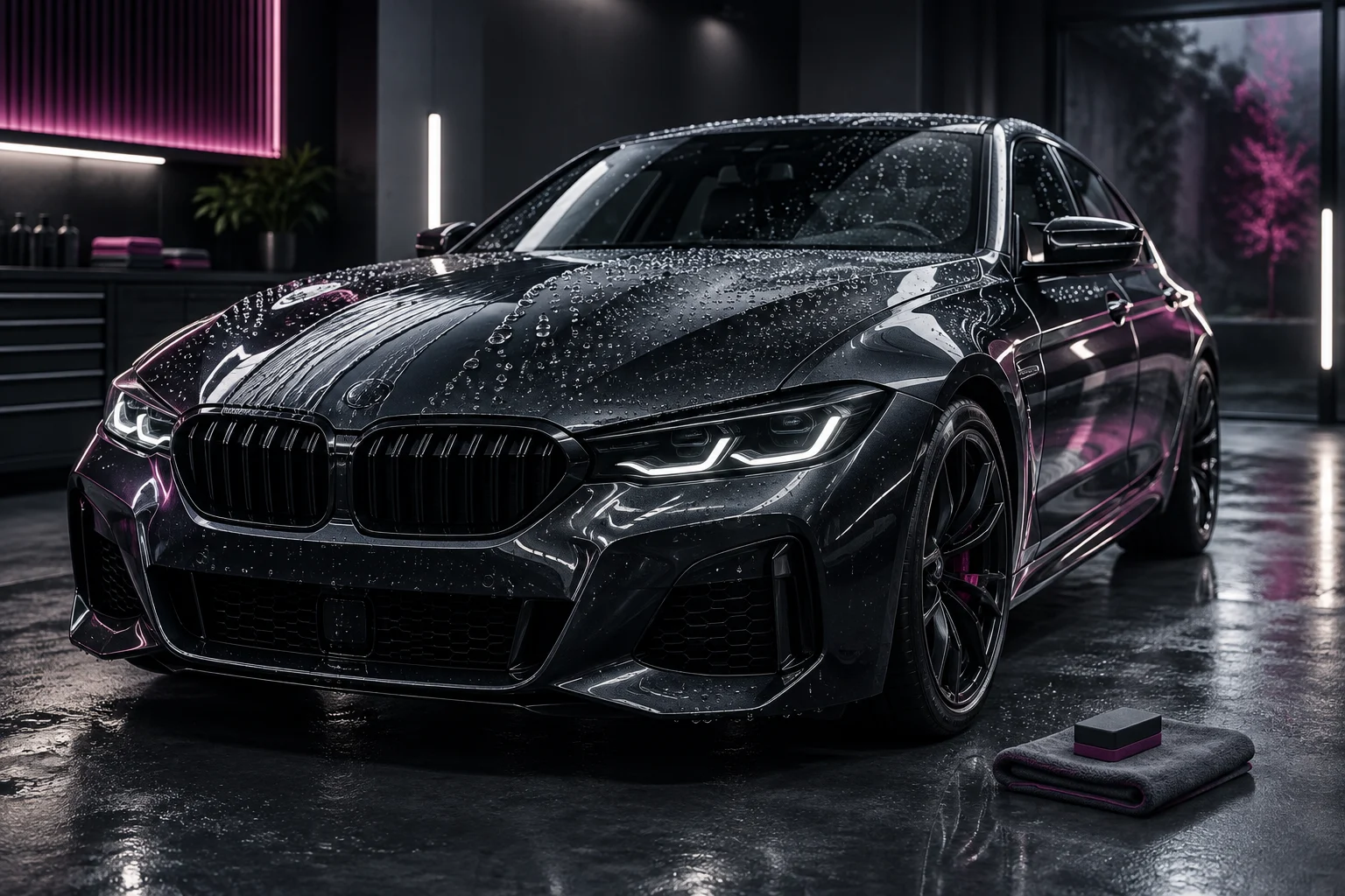 Glänzendes dunkles Fahrzeug mit Wasserperlen sowie Tuch und Applikatorblock im Detailing-Studio für die Kategorie Autopolitur.